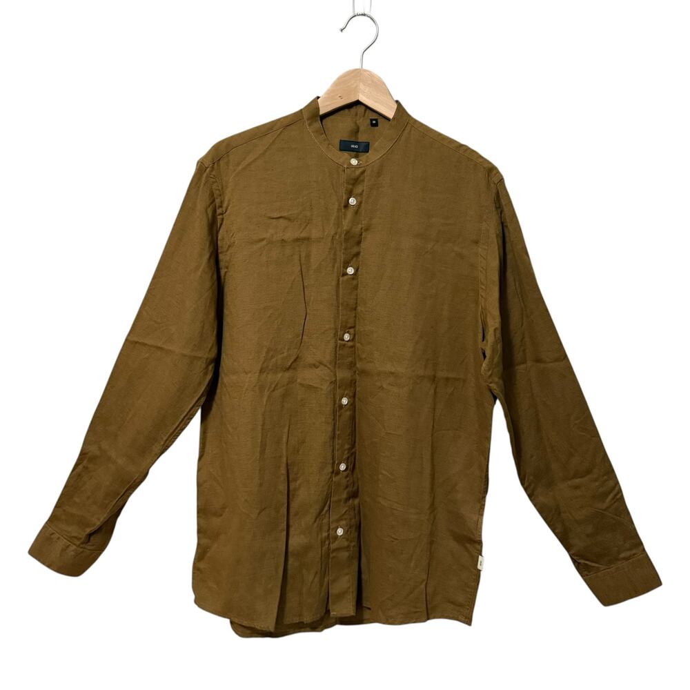 LIU JO Button Up Shirt Korean Collar Lyocell Linen Blend Khaki Green Brown 39